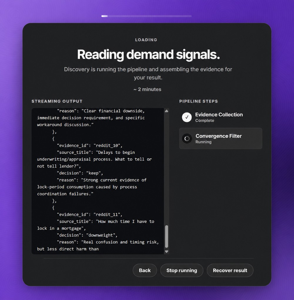 Reading demand signals: discovery pipeline collecting evidence